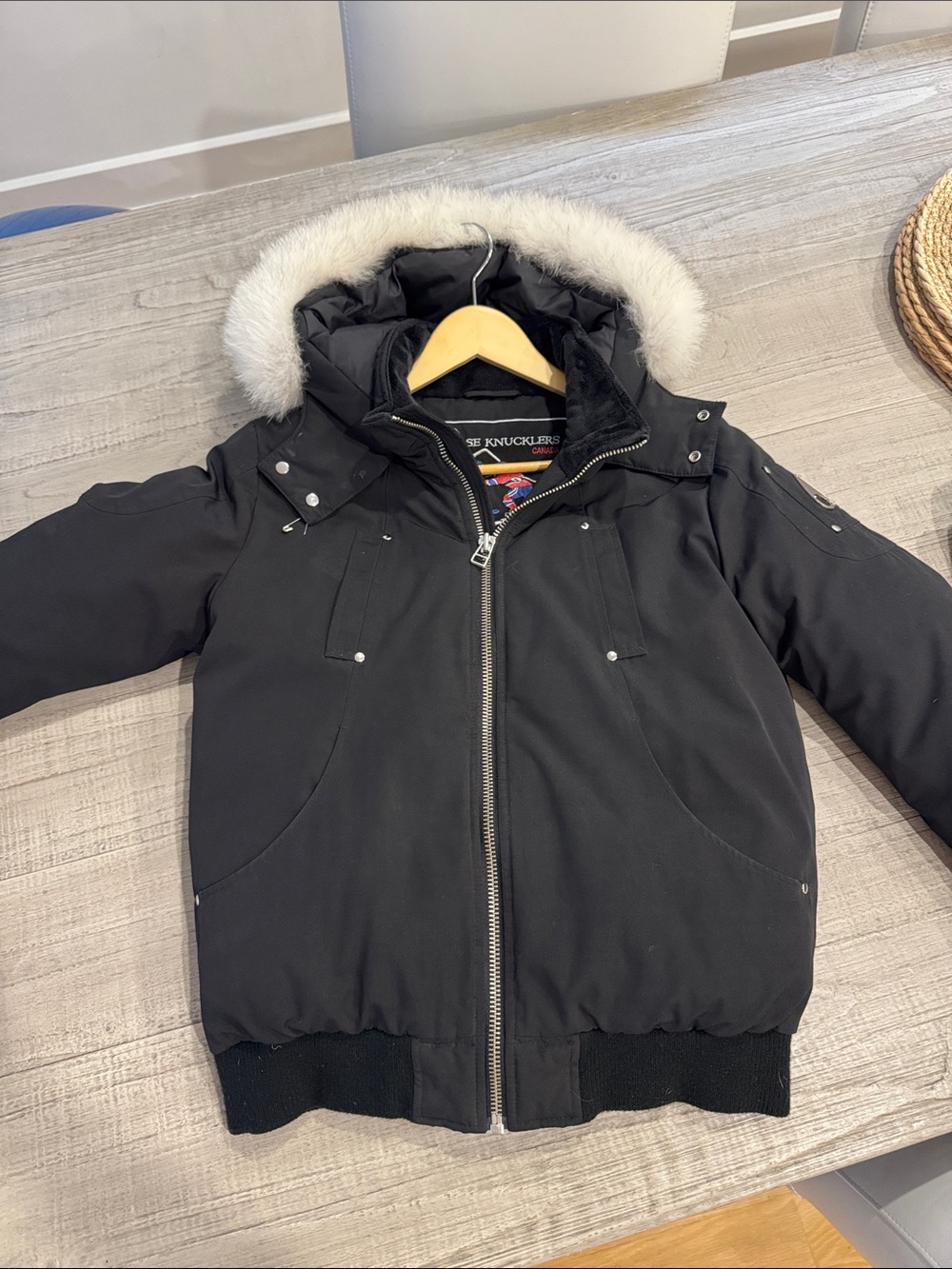 Moose Knuckles Black Puffer Jacket with Faux Fur Hood Trim, kids XL/adult small